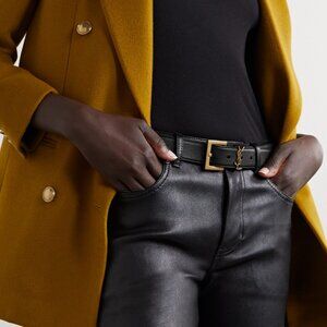 YSL Cassandre Smooth Leather Belt in Black Size 85